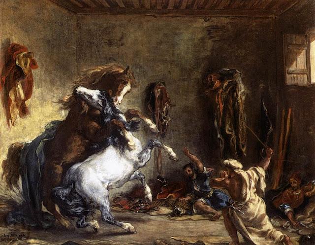 Arab Horses Fighting in a Stable - Oil Painting by French Artist Eugène Delacroix 1860 