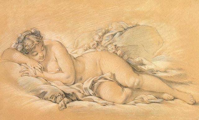 Young Woman Sleeping - Nude Pastel and Chalk Drawing by French Artist François Boucher 1760 